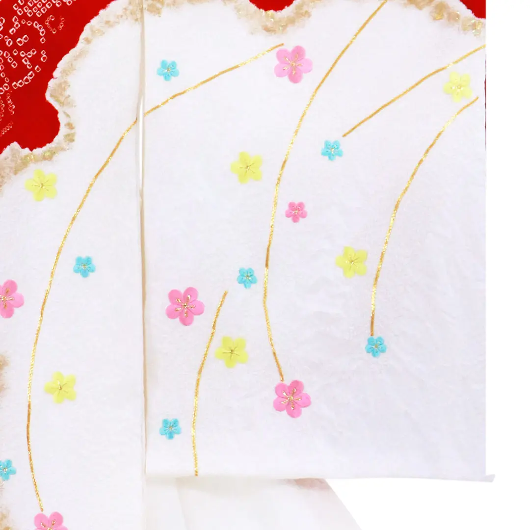 お宮参り産着／赤地に絞りの花文様と雪輪の祝い着／女児／右袖詳細