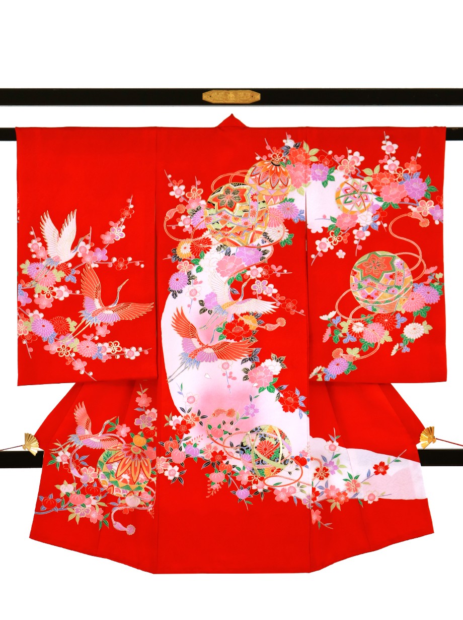 お宮参り 産着 祝い着 赤 花 鞠 鶴 女の子 お宮参り産着レンタル／赤地に鞠と鶴の祝い着／女児 | お宮参りの産着