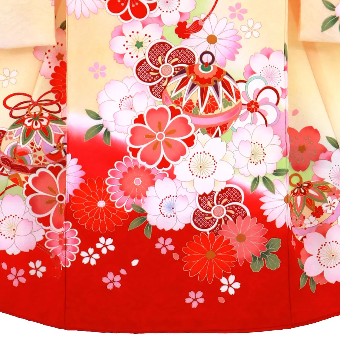 お宮参り産着レンタル／クリームイエローに鈴と花尽くしの祝い着／女児