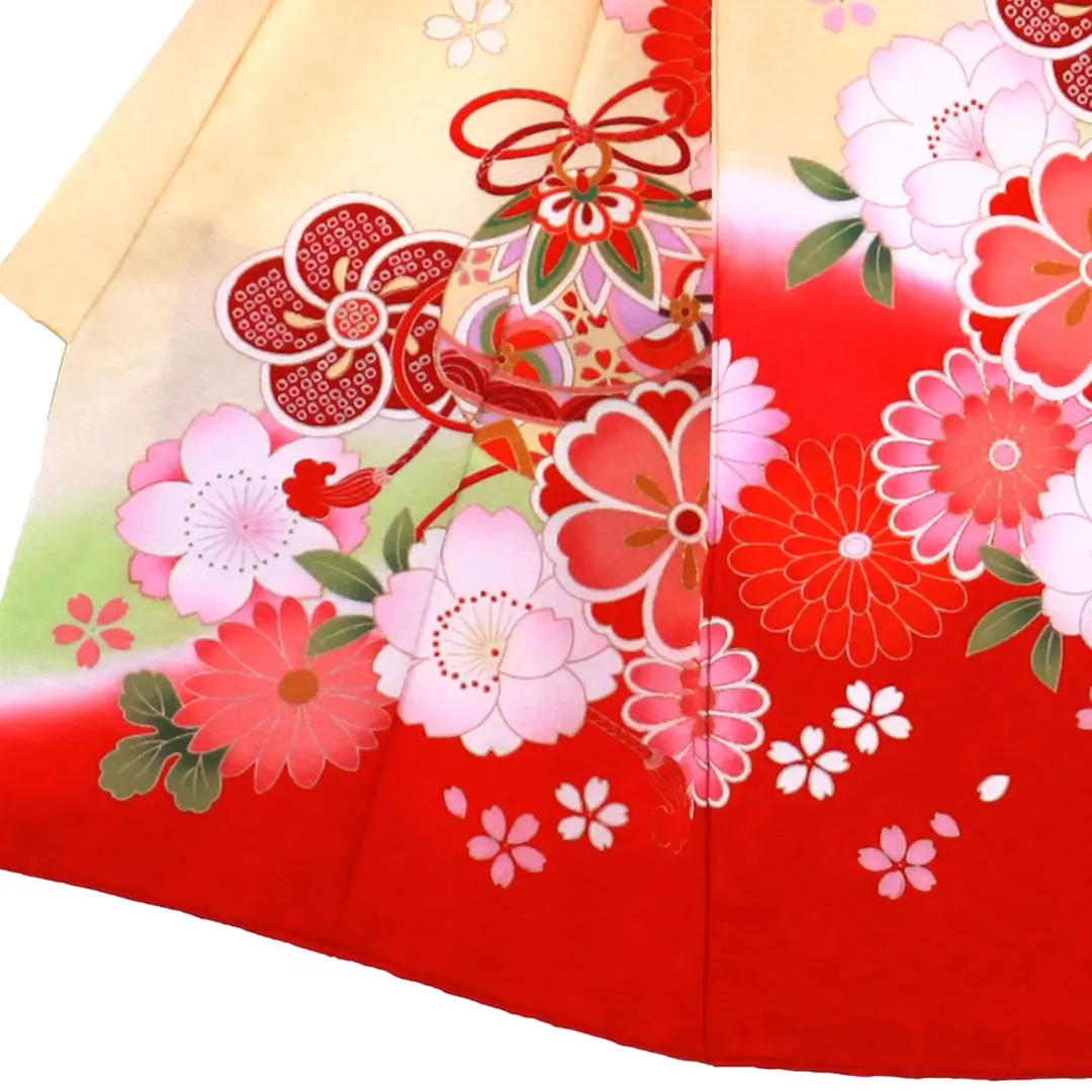 お宮参り産着／クリームイエローに鈴と花尽くしの祝い着／女児