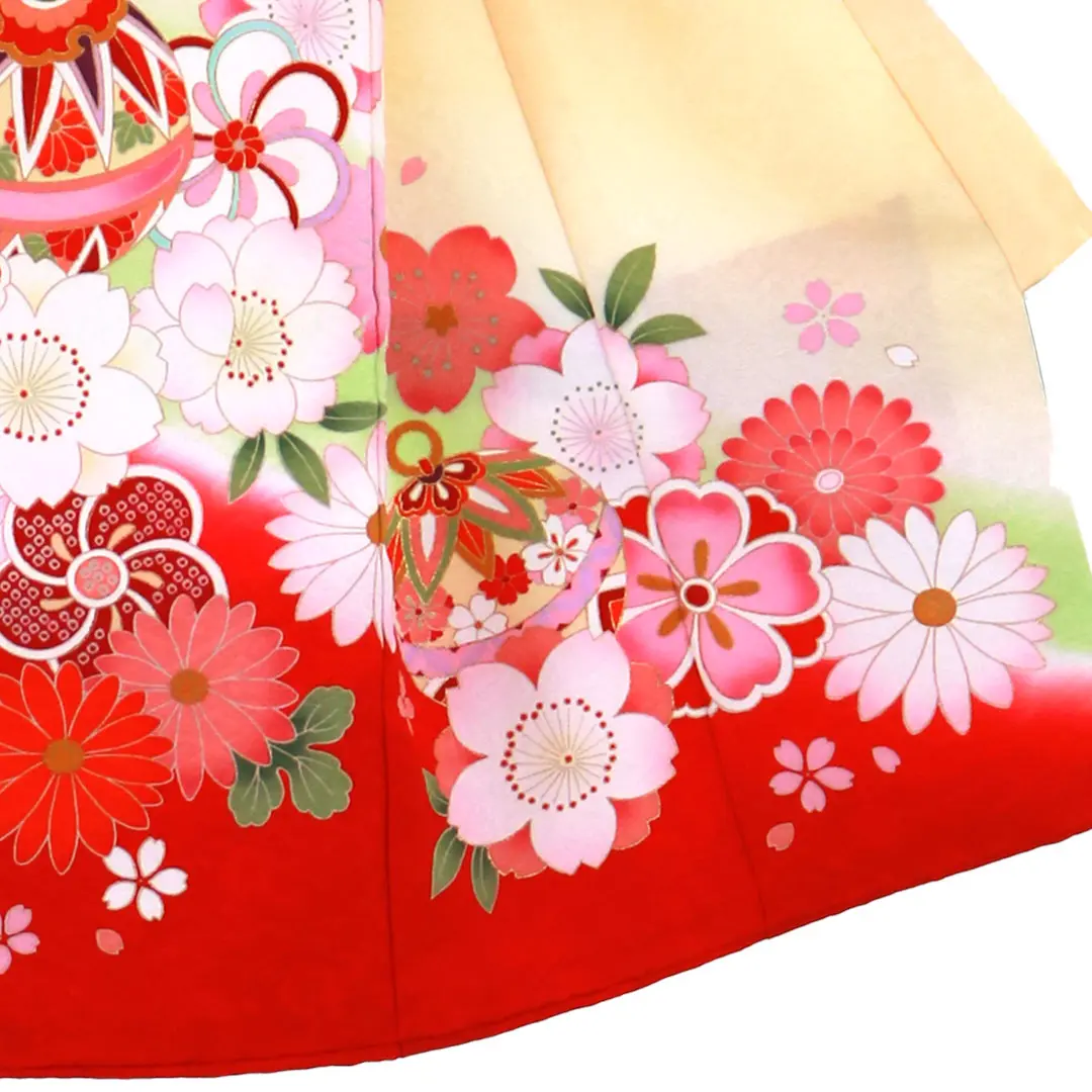 お宮参り産着／クリームイエローに鈴と花尽くしの祝い着／女児