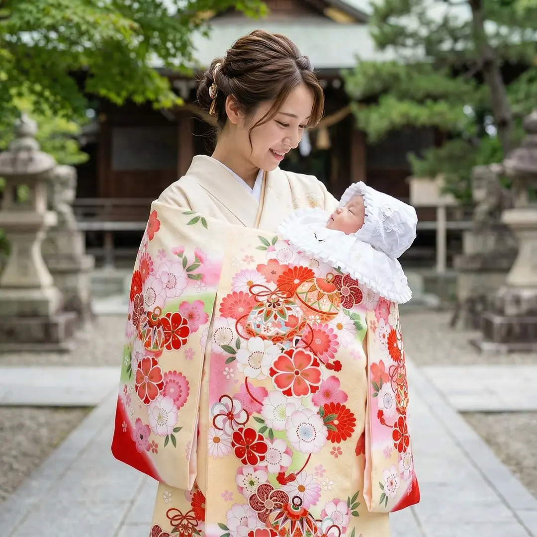 お宮参り産着／クリームイエローに鈴と花尽くしの祝い着／女児／着用イメージ