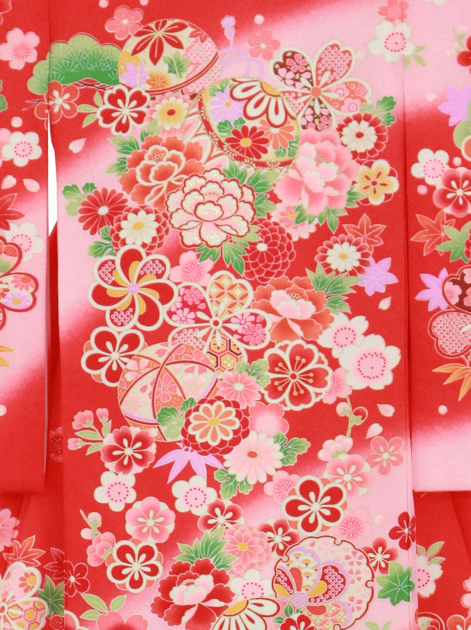 赤地に鞠と花尽くしの祝い着（産着）／女児