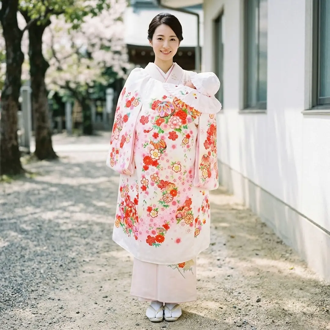 お宮参り産着／白地に鞠と四季花の祝い着／女児