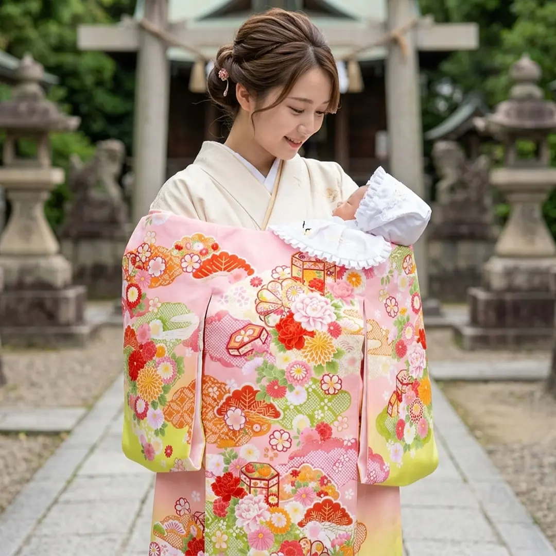 お宮参り産着／ピンク地に牡丹と貝桶、雲取りの祝い着／女児／着用イメージ