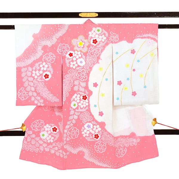 お宮参り産着／ピンク地に絞りの花文様と雪輪の祝い着／女児 | お