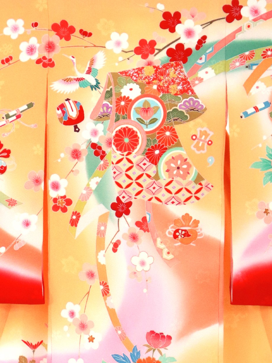 お宮参り産着レンタル／橙と赤の熨斗目に誰が袖文の祝い着／女児 | お