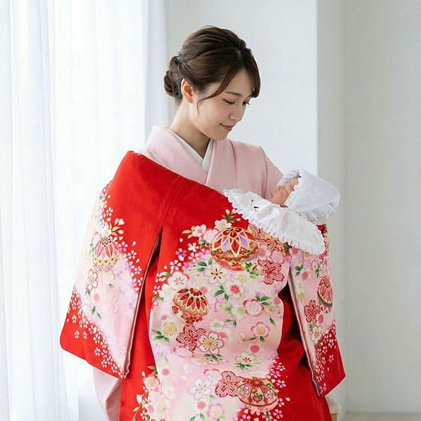 お宮参り産着レンタル／赤地に鞠としだれ桜の祝い着／女児 | お宮参り