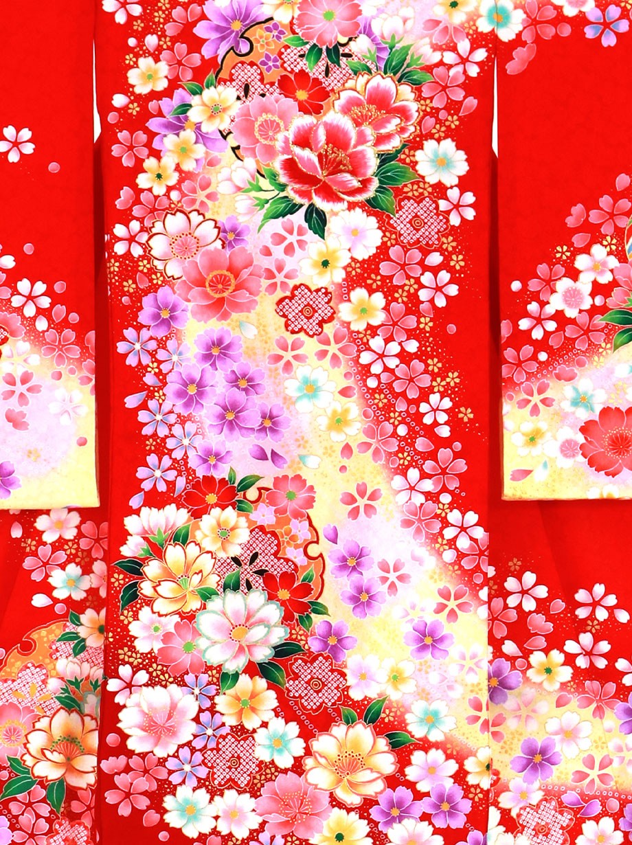お宮参り産着／赤地に花と雪輪の祝い着／女児／背中詳細