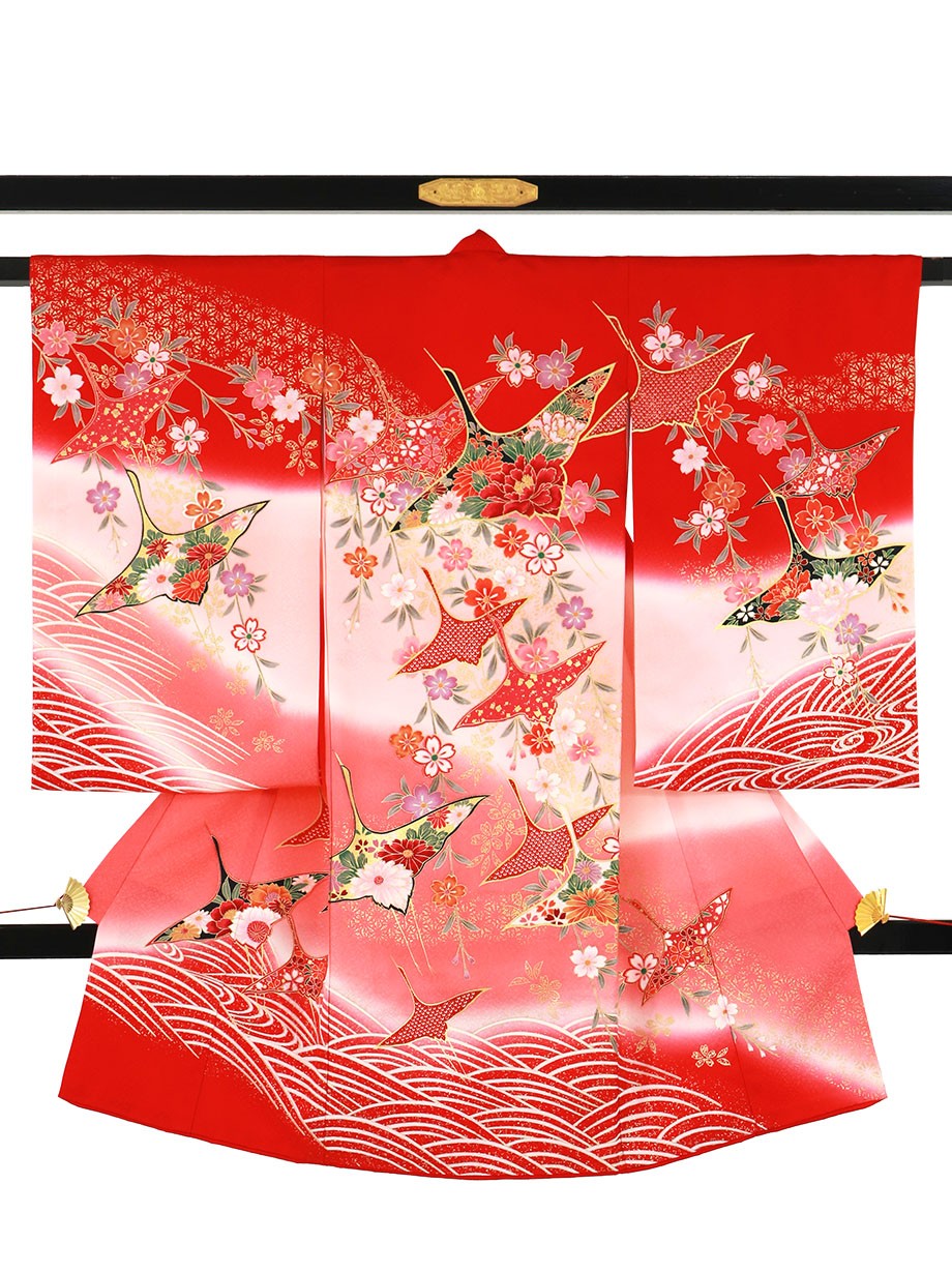 お宮参り産着レンタル／赤地に鶴と波、しだれ桜の祝い着／女児* | お