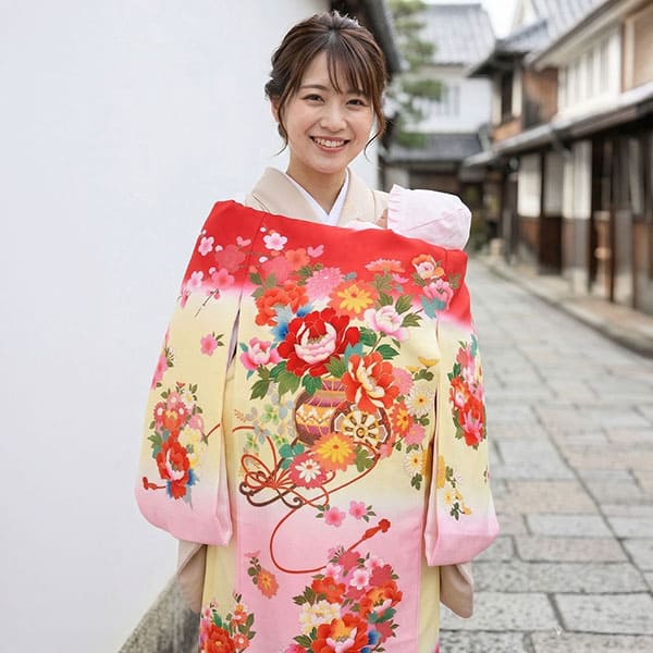 お宮参り産着／赤とクリームの地に花車の祝い着／女児