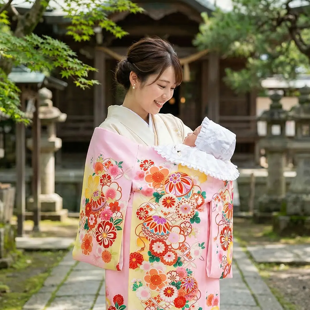 お宮参り産着／ピンク地に鞠と菊、桜の祝い着／女児