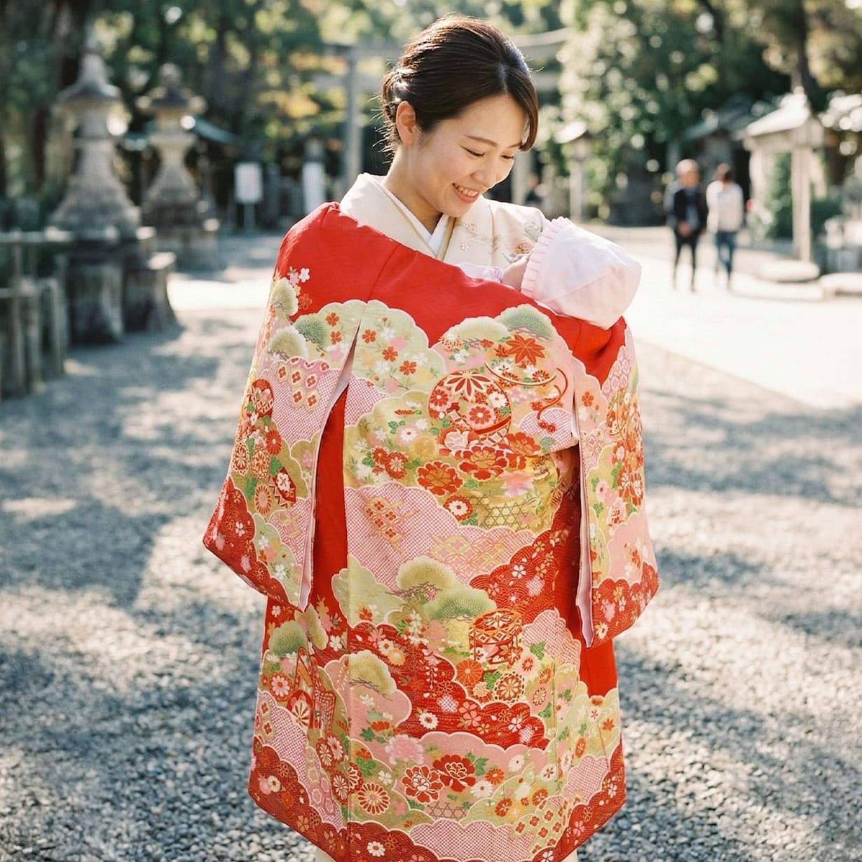 お宮参り産着レンタル／赤地に絞りの花文様と雪輪の祝い着／女児 | お