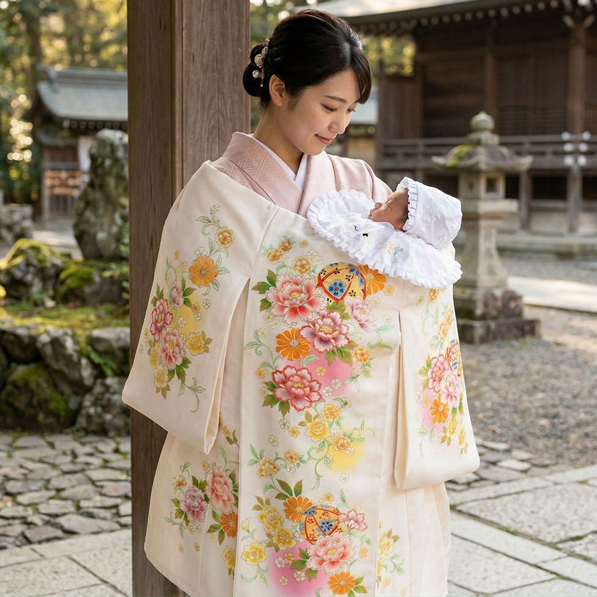 お宮参り産着／白地に鞠と牡丹、薔薇の祝い着／女児