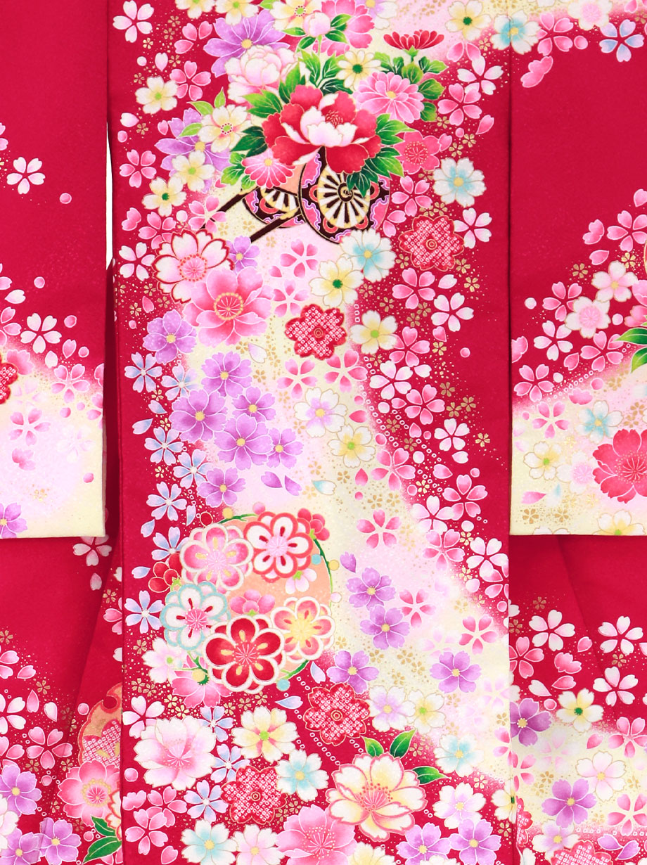 ルビー地に花車と鞠と雪輪の祝い着（産着）／女児（ポリエステル）
