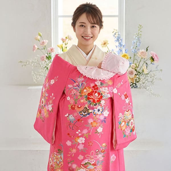 お宮参り産着／ピンク地に花車と菖蒲の祝い着／女児