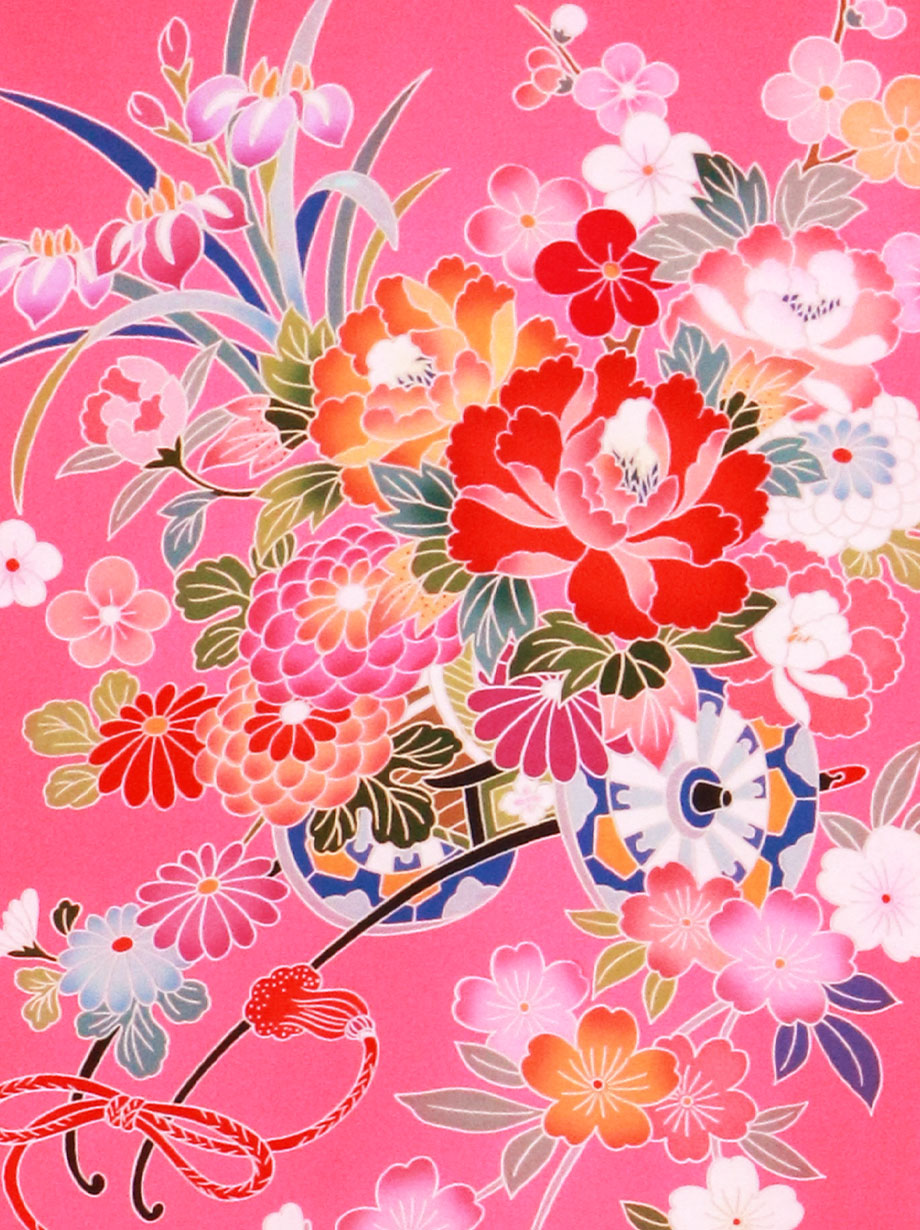 お宮参り産着／ピンク地に花車と菖蒲の祝い着／女児／背中の柄詳細