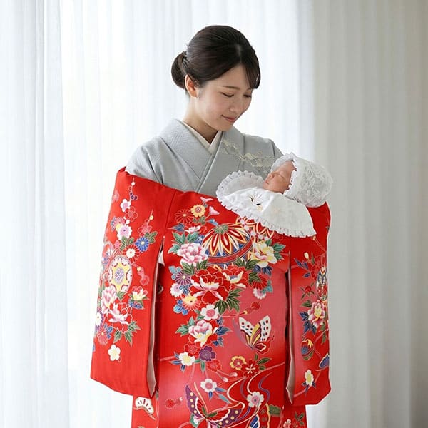 お宮参り産着／赤地に鞠と蝶々の祝い着／女児 | お宮参りの産着