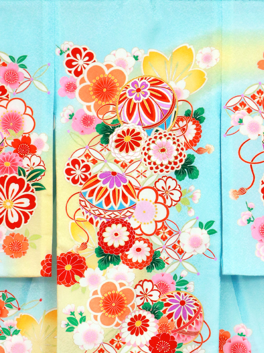 お宮参り産着／水色地に鞠と菊、桜の祝い着／女児／背中