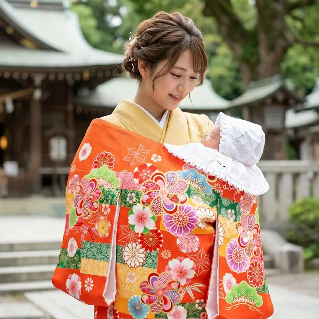 お宮参り産着／オレンジ地にねじり梅と桜の祝い着／女児（ポリエステル）