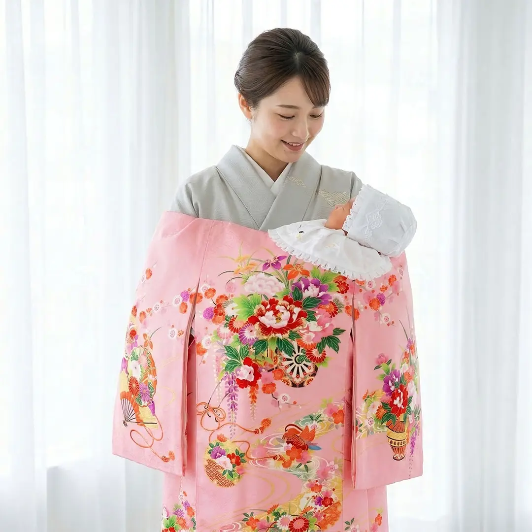 お宮参り産着／ピンク地に花車と雪輪、おしどりの祝い着／女児