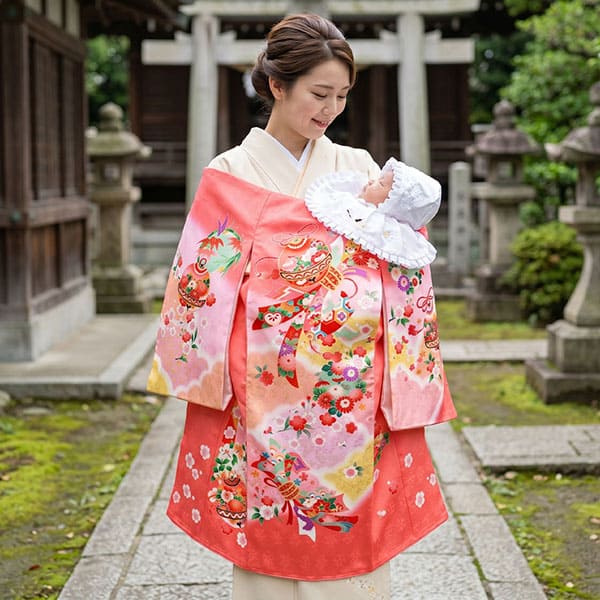 お宮参り産着／ピンク地に鈴と熨斗目の祝い着／女児 | お宮参りの産着