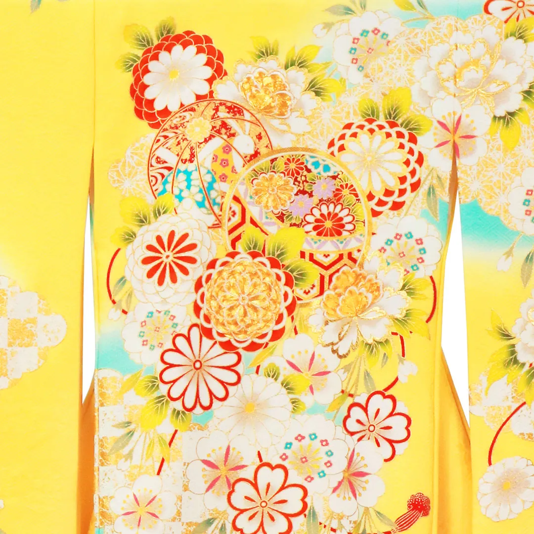 お宮参り産着レンタル／黄色地に鞠と大輪の牡丹の祝い着／女児 | お