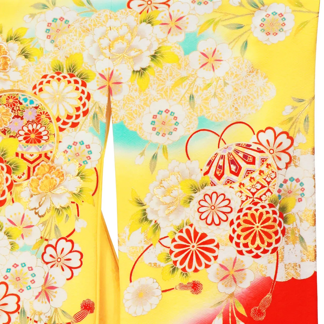 お宮参り産着レンタル／黄色地に鞠と大輪の牡丹の祝い着／女児 | お