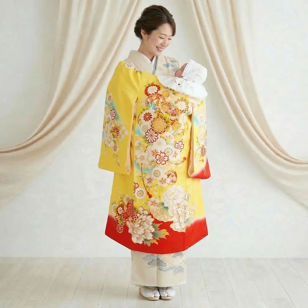 お宮参り産着レンタル／黄色地に鞠と大輪の牡丹の祝い着／女児 | お