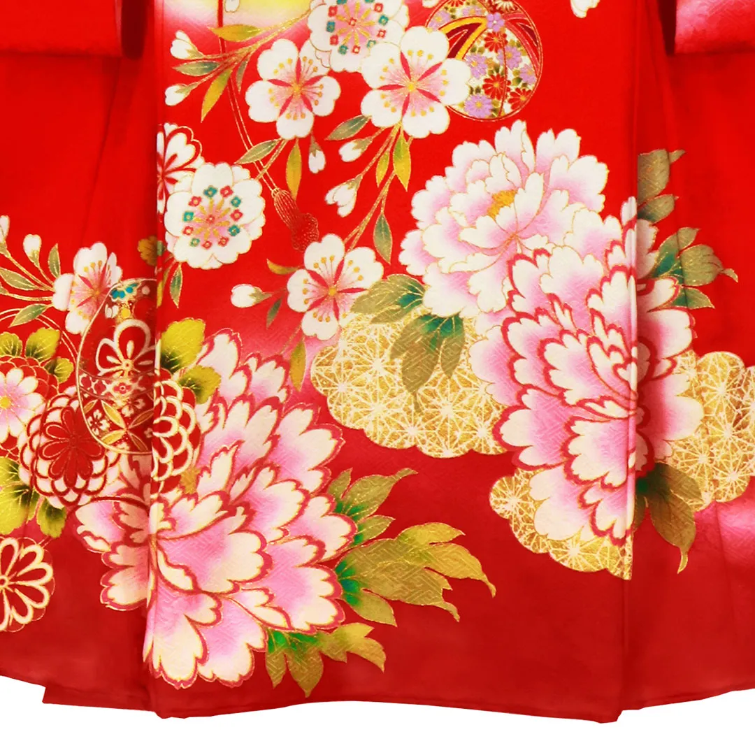 お宮参り産着レンタル／赤地に鞠と大輪の牡丹の祝い着／女児 | お