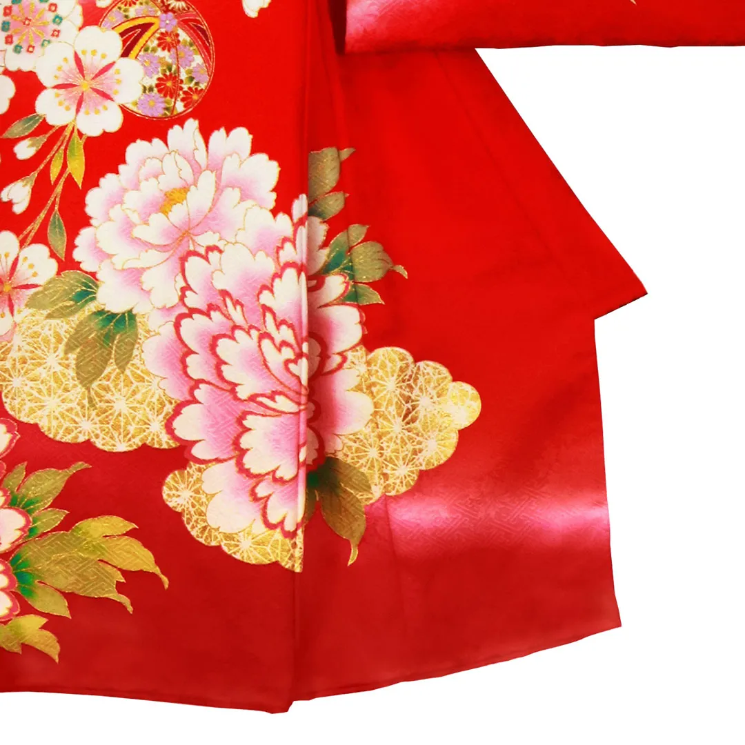 お宮参り産着レンタル／赤地に鞠と大輪の牡丹の祝い着／女児 | お