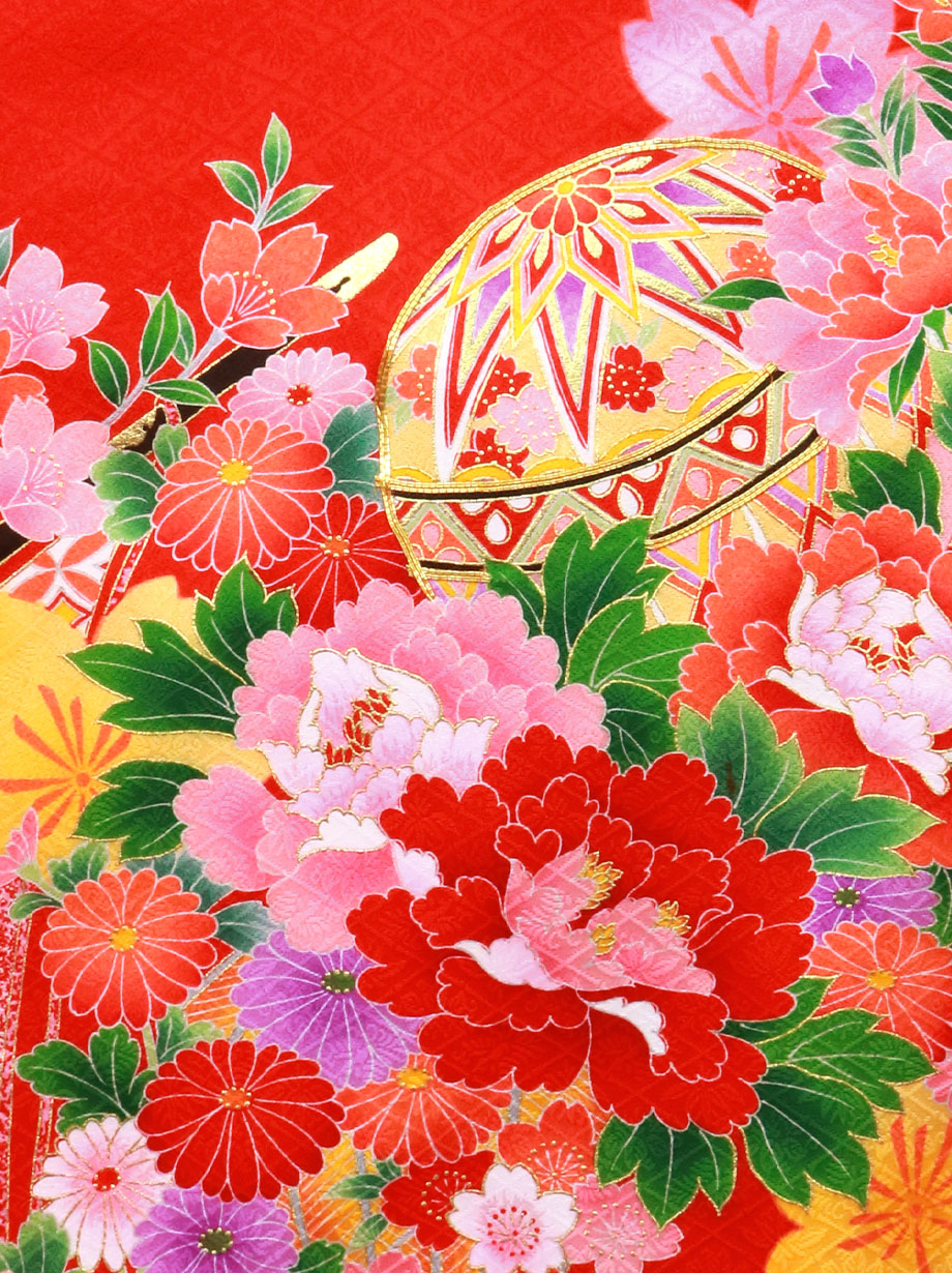赤地に几帳と花尽くしの祝い着／女児