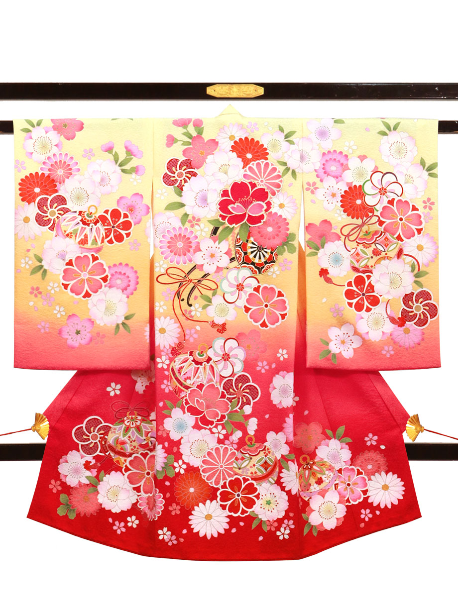 お宮参り産着／クリームイエローに花車と鈴の祝い着／女児