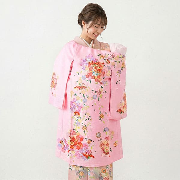 お宮参り産着／ピンク地にしだれ桜と鞠、折り鶴の祝い着／女児