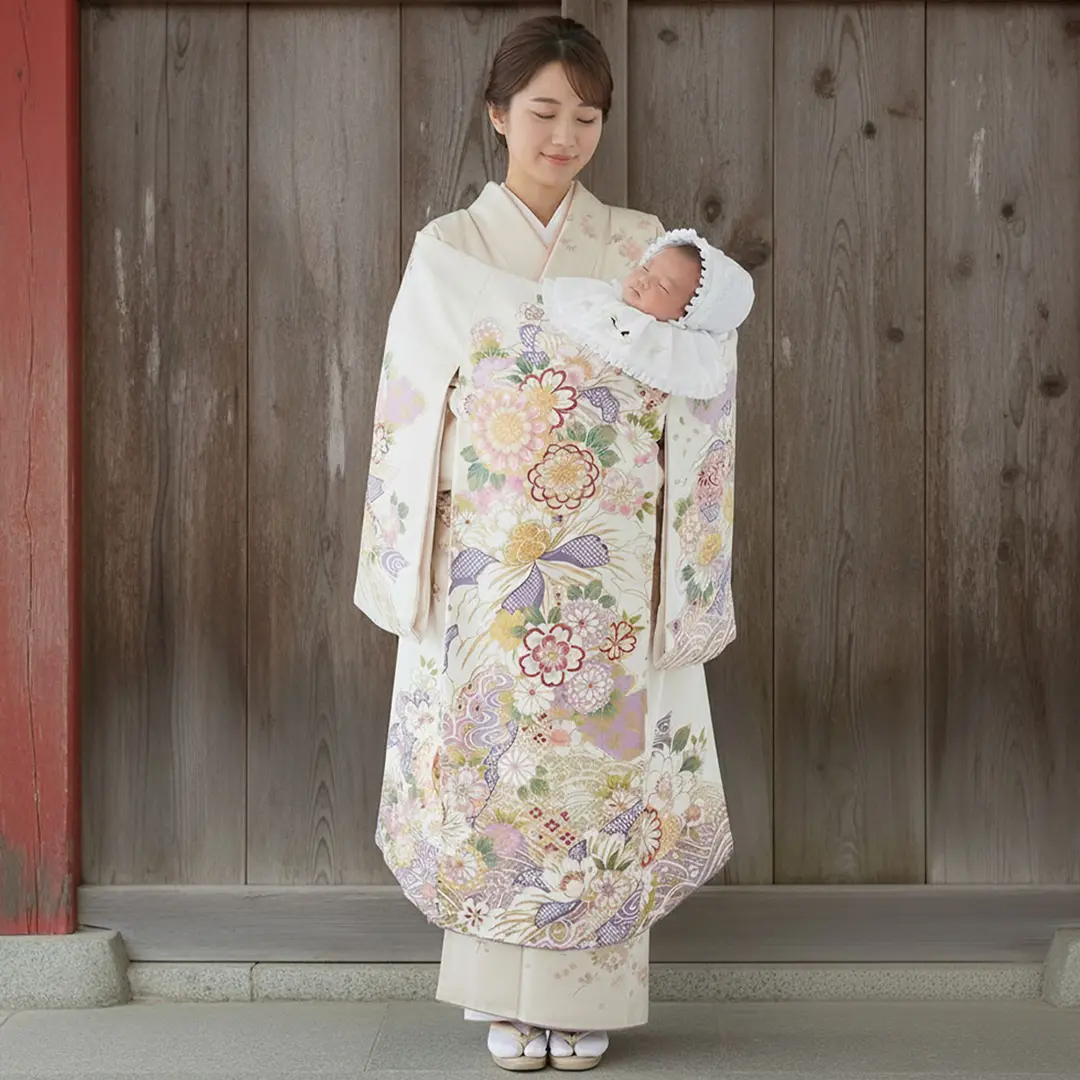 お宮参り産着／藤と白地に菊と大輪の牡丹、金の刺繍尽くしの祝い着／女児／着用イメージ