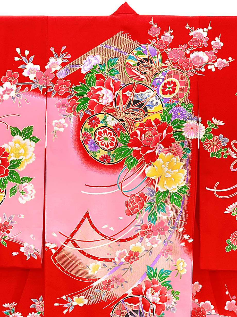 お宮参り用 赤色花柄衣装セット 初着・祝着・のしめ・お宮参りの着物！女の子のお祝い着！ 束ね