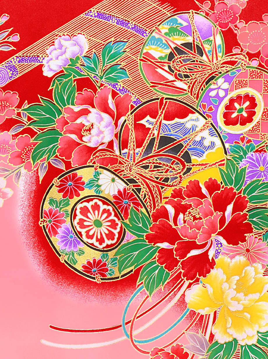 お宮参り産着／赤地に花鼓と四季花、几帳の祝い着／女児 | お