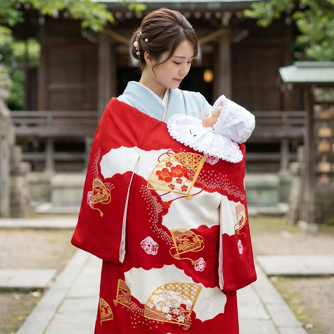 赤地に染疋田、金糸の扇の祝い着（産着）／女児／着用イメージ