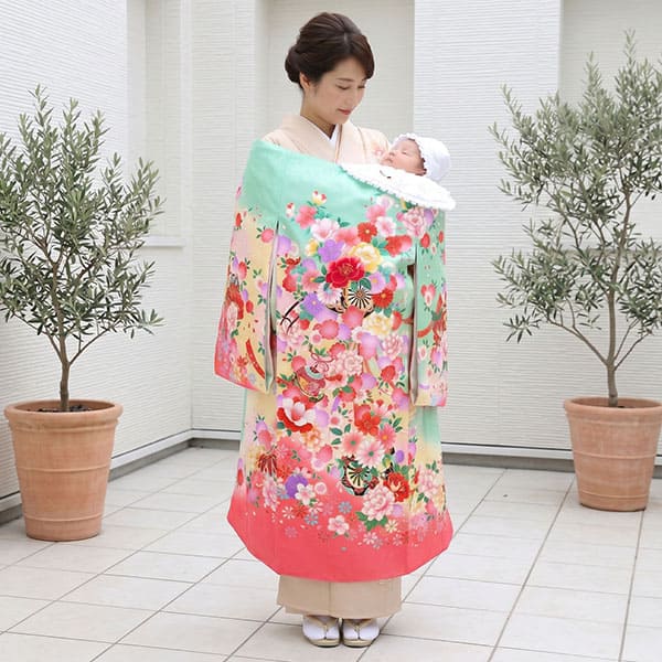 お宮参り産着／<藤> 若竹色地に花車と鼓の祝い着／女児