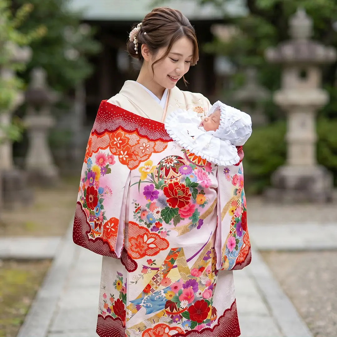 白と赤地に鞠と雲取りの疋田（ひった）柄の祝い着（産着）／女児／着用イメージ