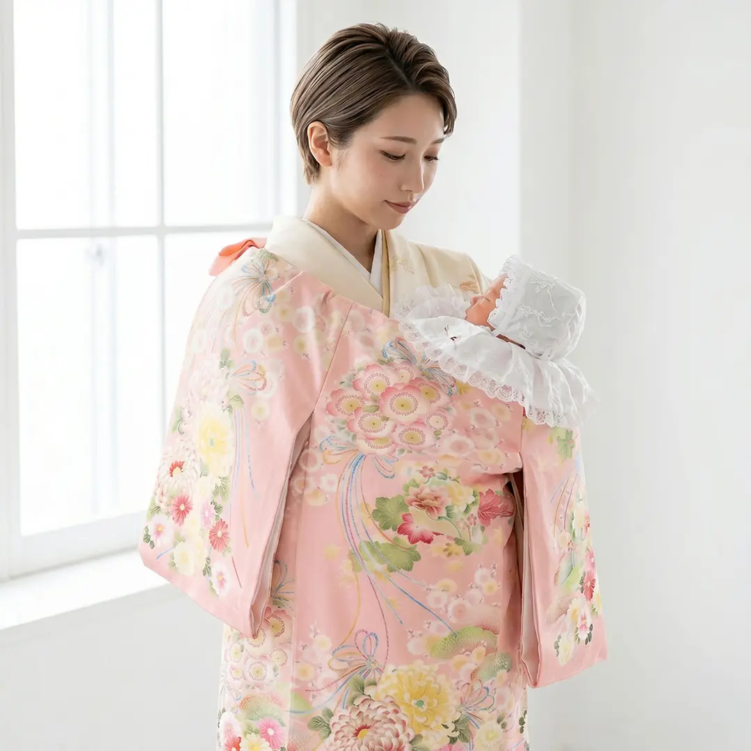 お宮参り産着／《華徒然》淡いピンク地に扇と花尽くしの祝い着／女児
