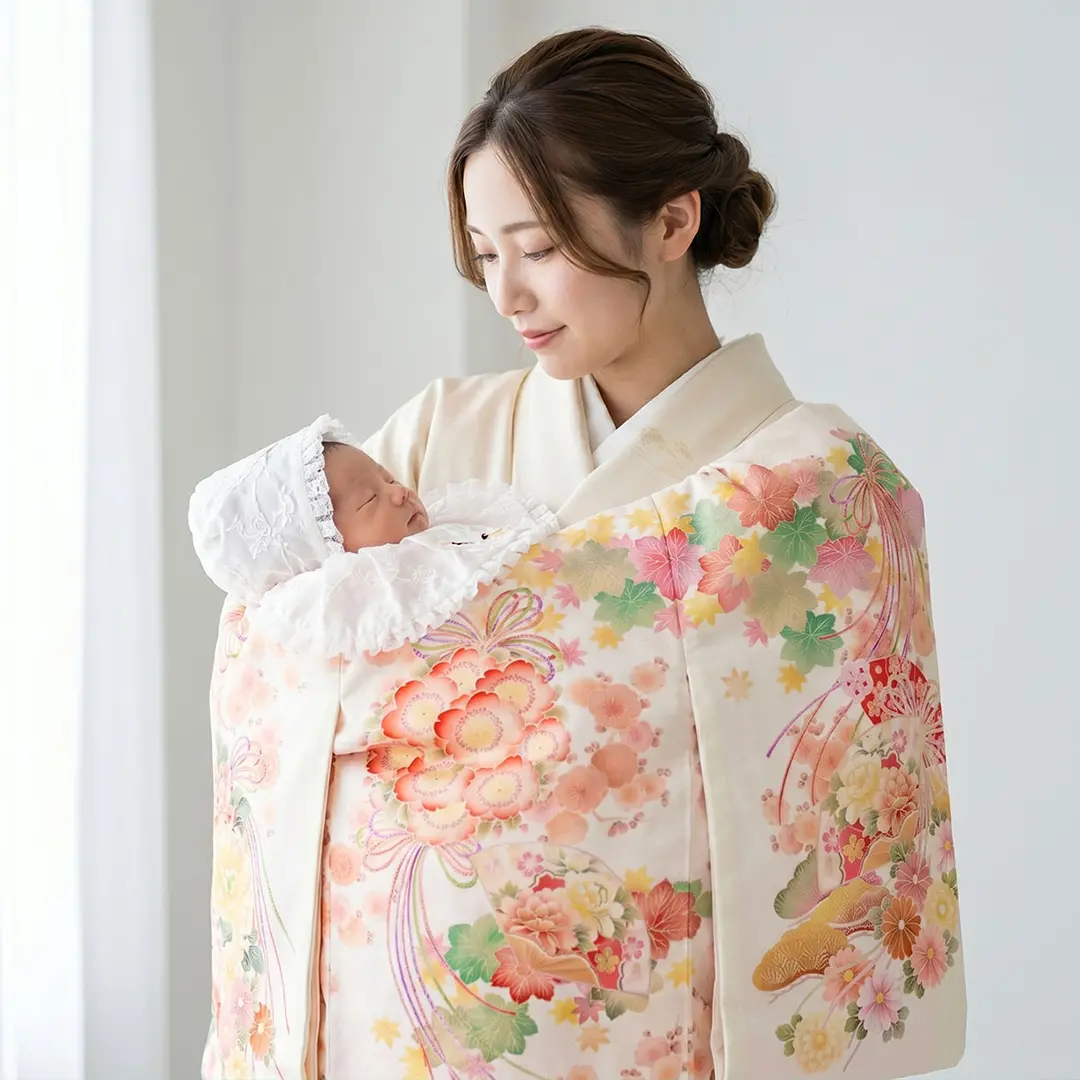 お宮参り産着／《華徒然》白地に扇と花尽くしの祝い着／女児（ポリエステル）