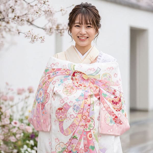 お宮参り産着／白地に束ね熨斗、鞠と雪輪の祝い着／女児