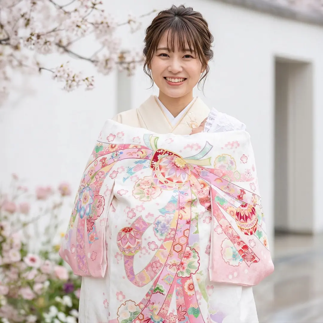 お宮参り産着レンタル／白地に束ね熨斗、鞠と雪輪の祝い着／女児 | お