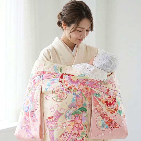 ◎mk-2560　女児　御祝着・襦袢 セット　お宮参り　　10-6 お宮参り産着レンタル／クリーム色に束ね熨斗、鞠と雪輪の祝い着／女児