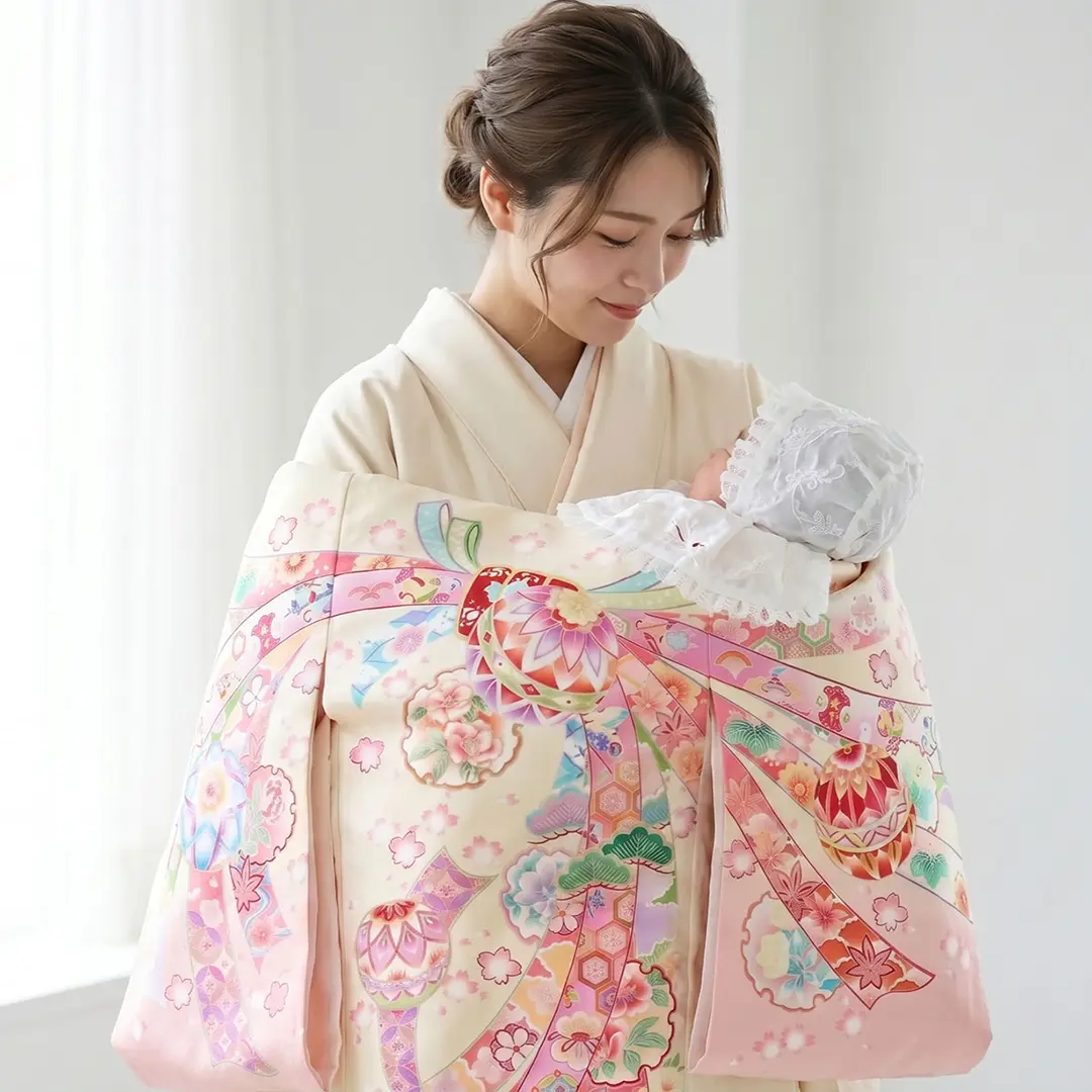 お宮参り産着レンタル/クリーム色に束ね熨斗、鞠と雪輪の祝い着/女児 お宮参り産着レンタル/クリーム色に束ね熨斗、鞠と雪輪の祝い着/女児