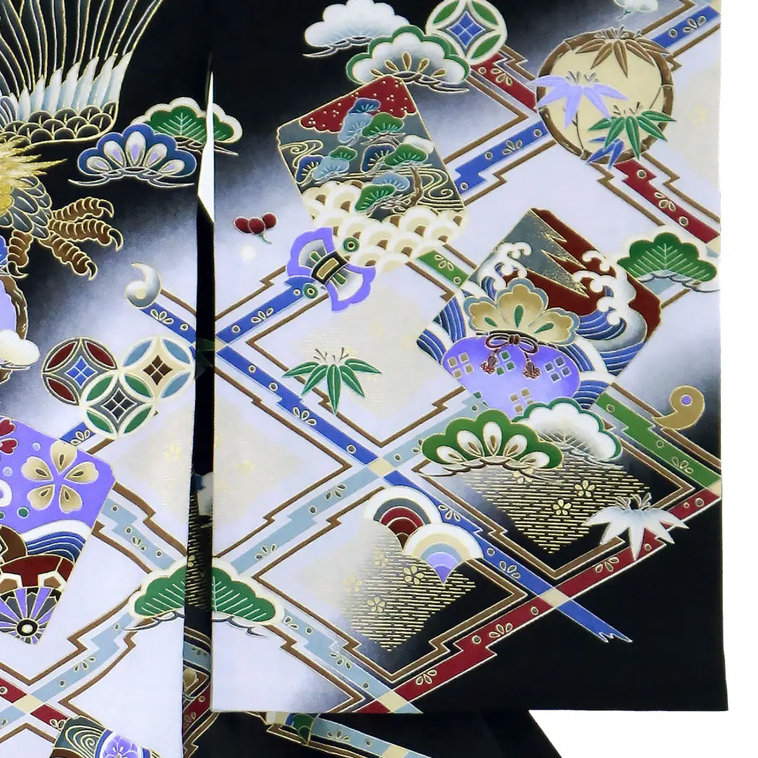 お宮参り産着／黒地に鷹、竜の祝い着／男児／右袖詳細