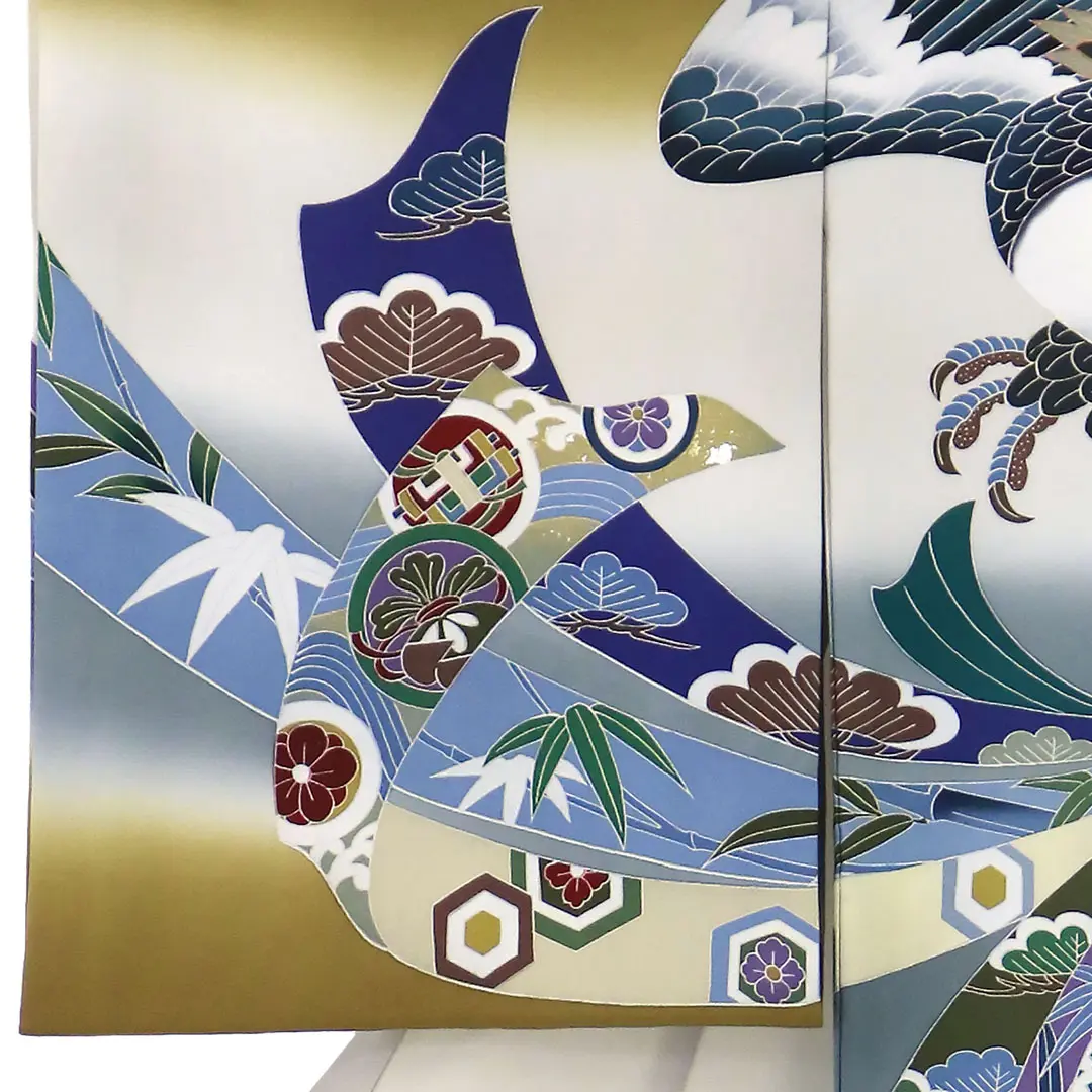 お宮参り産着／桑茶色に鷹と熨斗の祝い着／男児／左袖詳細