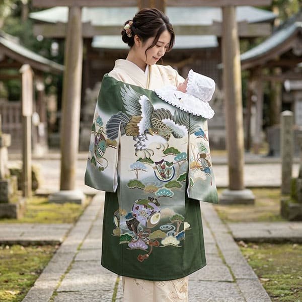 お宮参り産着／濃い抹茶地に鷹や小槌の祝い着／男児