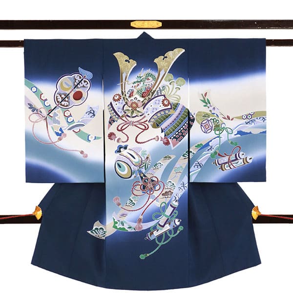 お宮参り産着／紺地に兜や熨斗の祝い着／男児